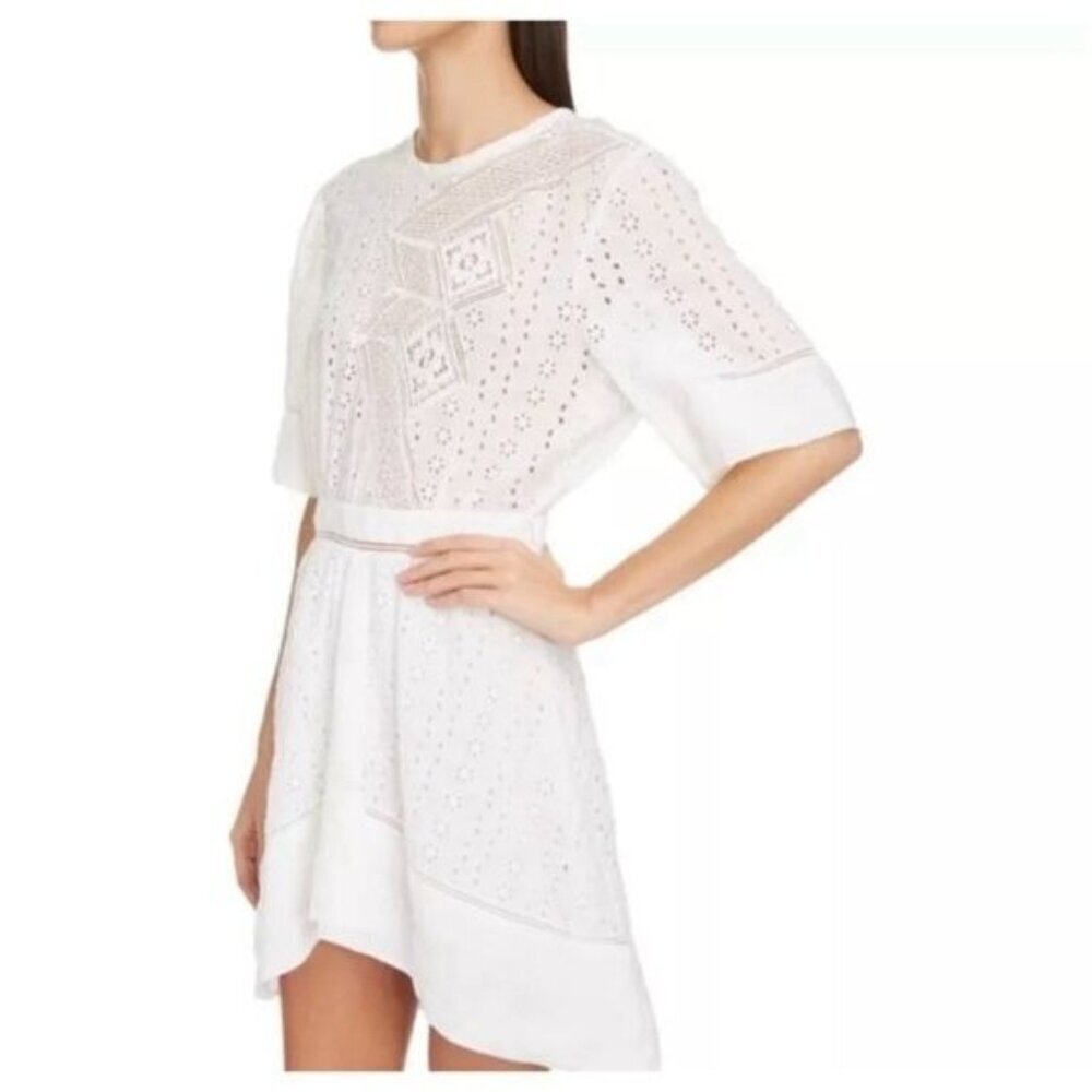 Isabel Marant White Embroidered‎ Eyelet Lace Asymmetric Boho Mini Dress Size 42